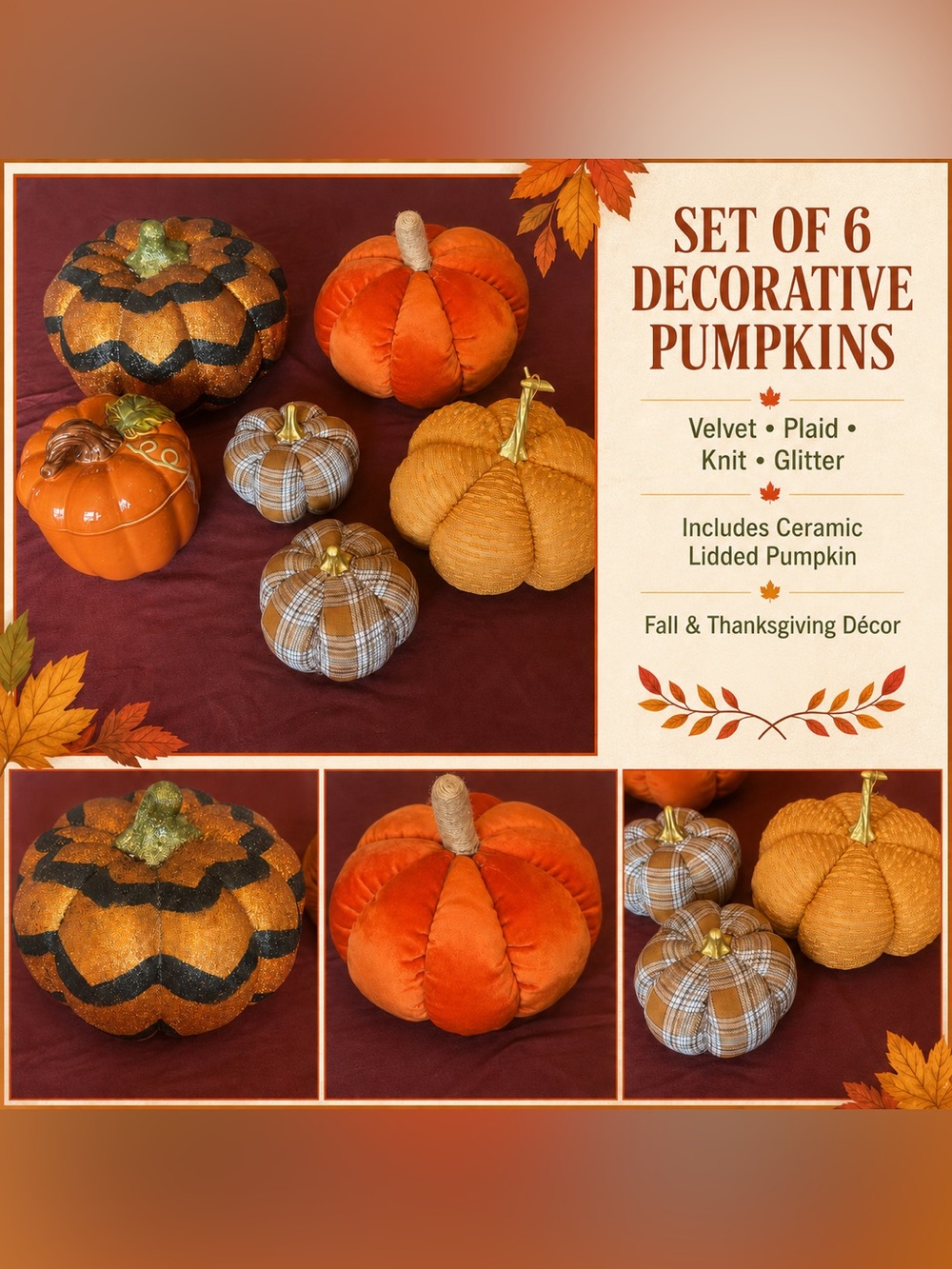 Set of Decorative Velvet & Plaid Orange Pumpkins - Fall Tabletop Décor